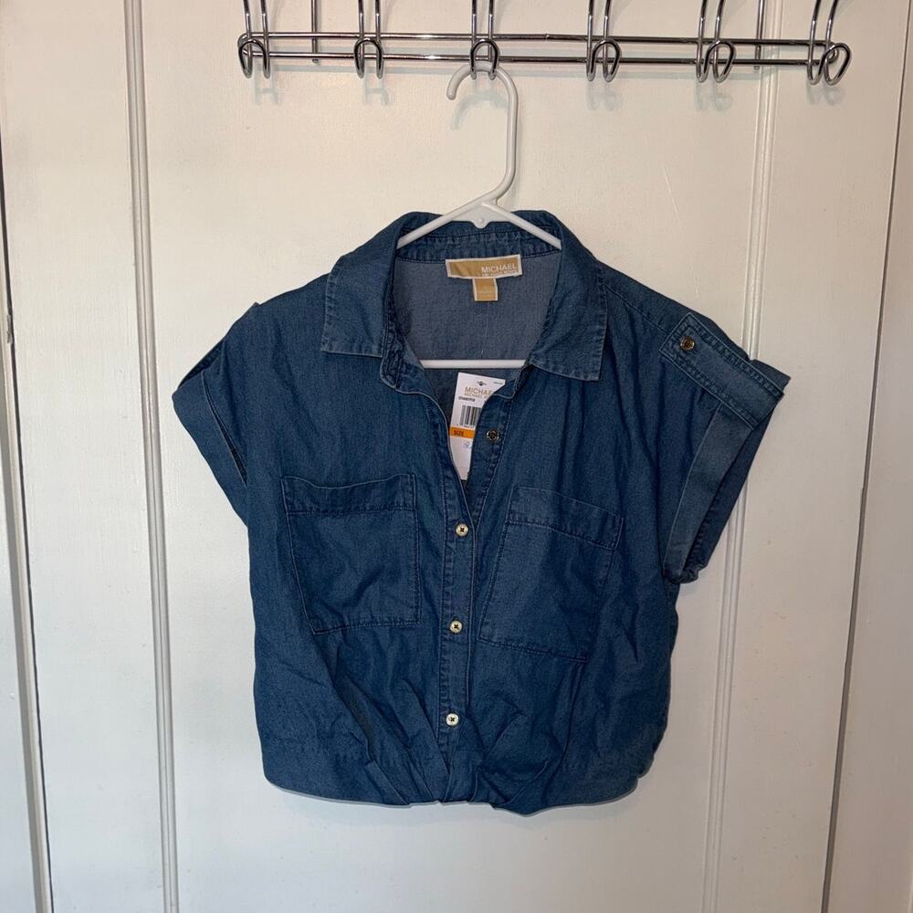 New MICHAEL Michael Kors Denim Button Down Cropped Blouse size S